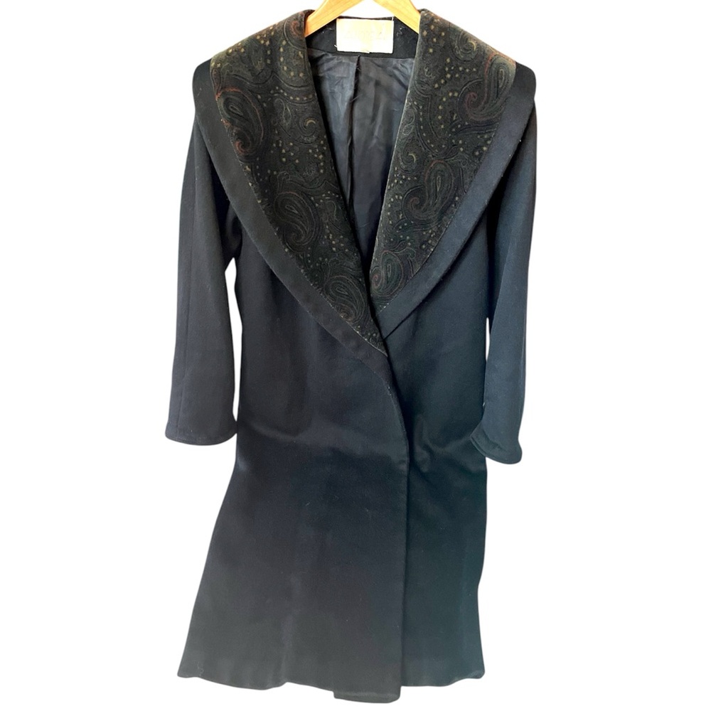Vintage Andrea 1980 Black Wool Velvet Paisley Shawl Long Coat Union Made Size 4